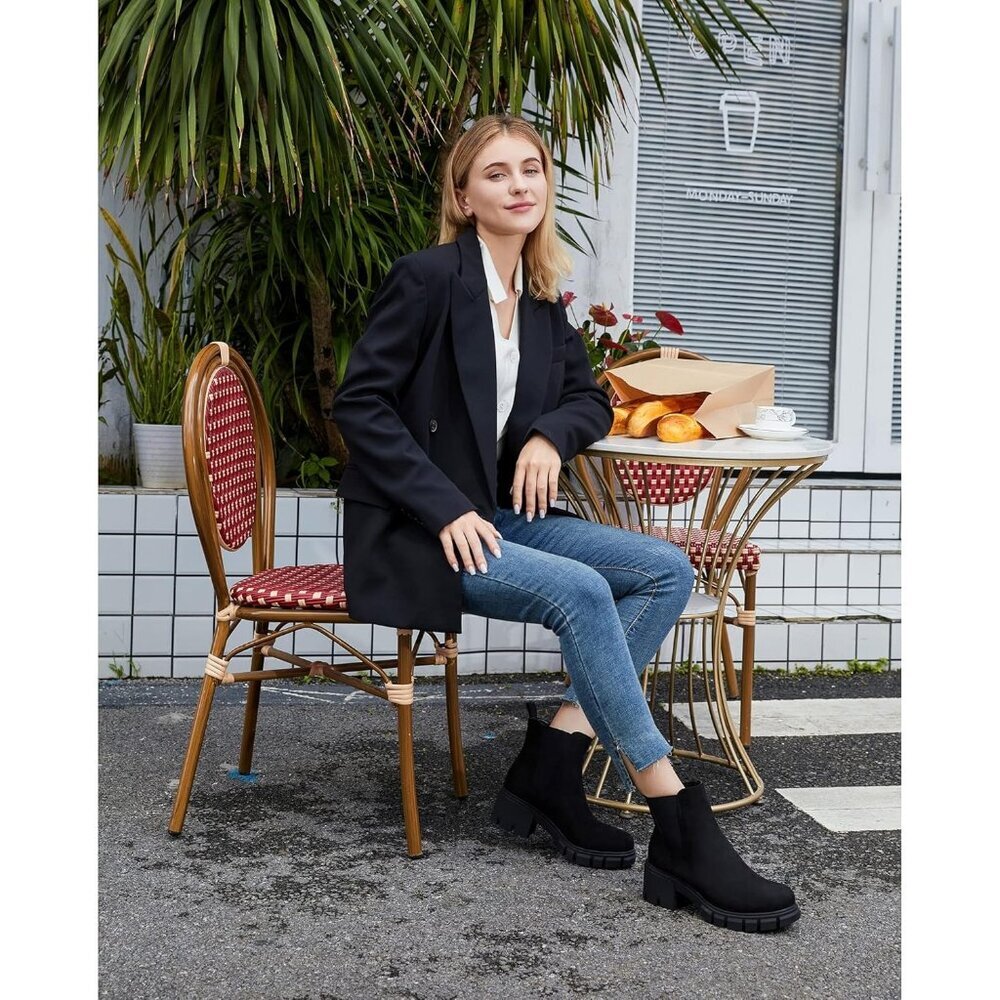 Women Black Suede Double Elastic Slip on Mid Heel Platform Chelsea Ankle Booties - Picture 4 of 6